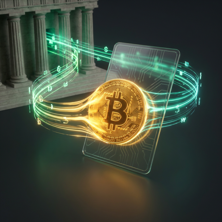 비트코인 ETF — 코인이 펀드로 담기고 기관 자금이 흐르는 이미지