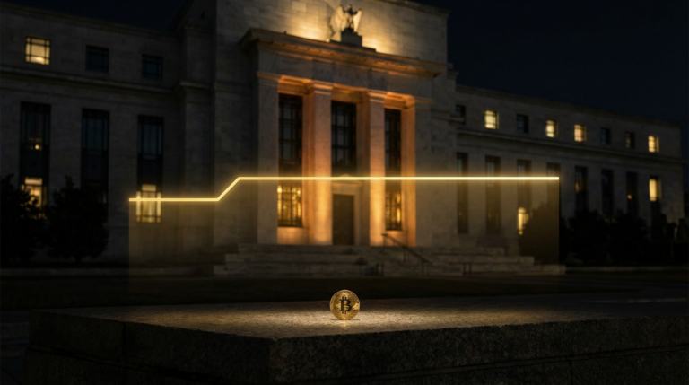 FOMC 기준금리 동결 — 연준 건물과 평평하게 멈춘 금리선, 비트코인
