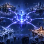어두운 남색 배경에서 파란색과 보라색 노드가 게임 네트워크 허브에 연결된 B3 Open Gaming 콘셉트 일러스트