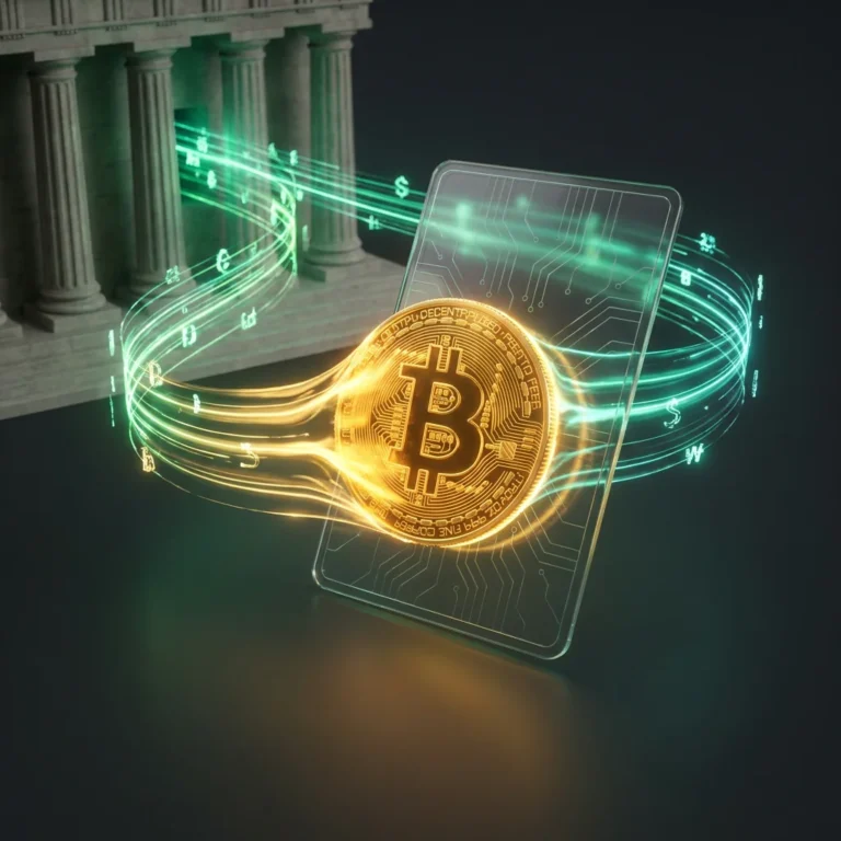 비트코인 ETF — 코인이 펀드로 담기고 기관 자금이 흐르는 이미지