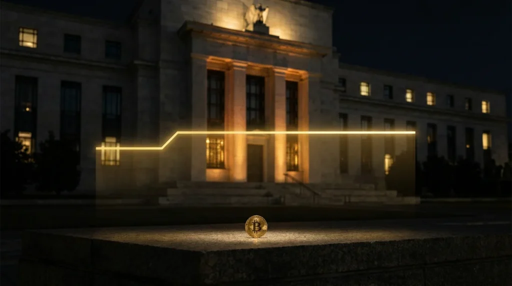 FOMC 기준금리 동결 — 연준 건물과 평평하게 멈춘 금리선, 비트코인