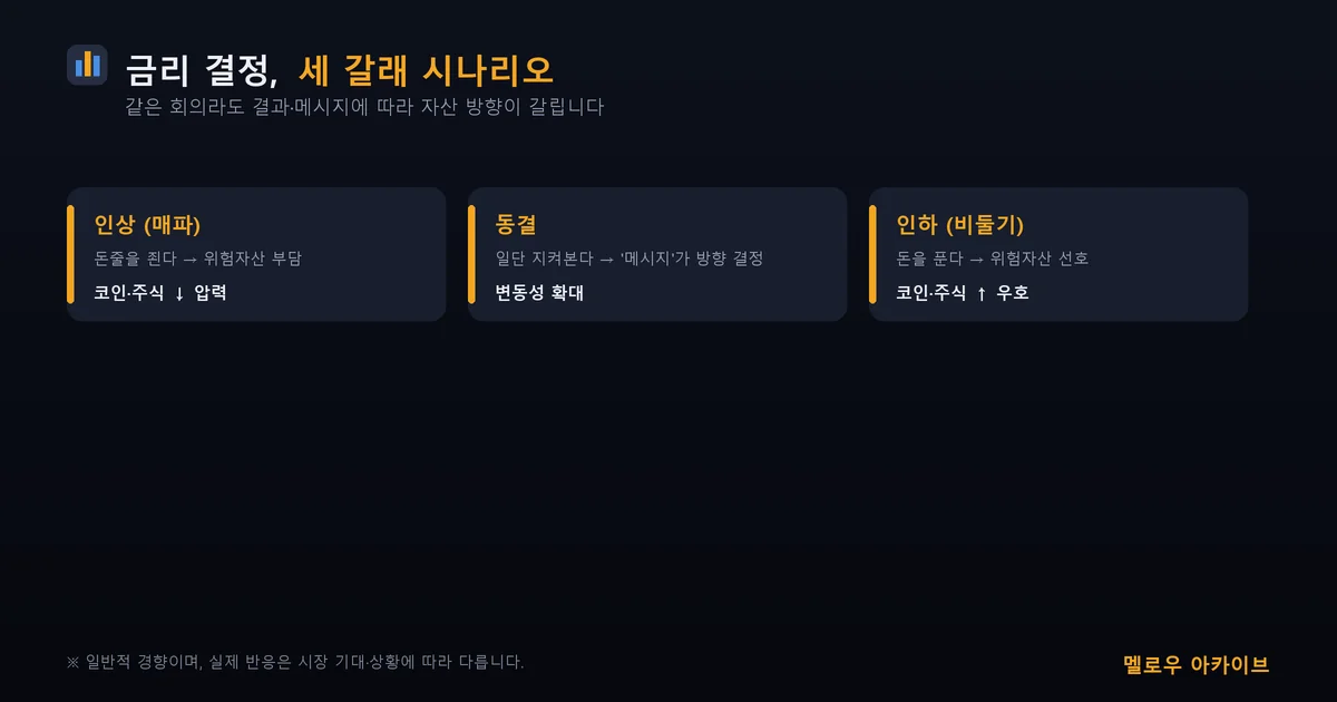 금리 인상·동결·인하가 금융 여건에 미칠 수 있는 영향을 비교한 개념도