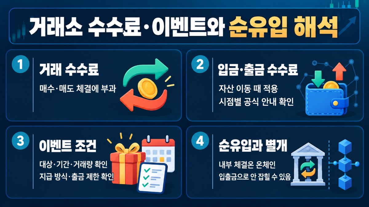 거래소 비용 비교: 거래 수수료·입금 수수료·출금 수수료·이벤트 조건