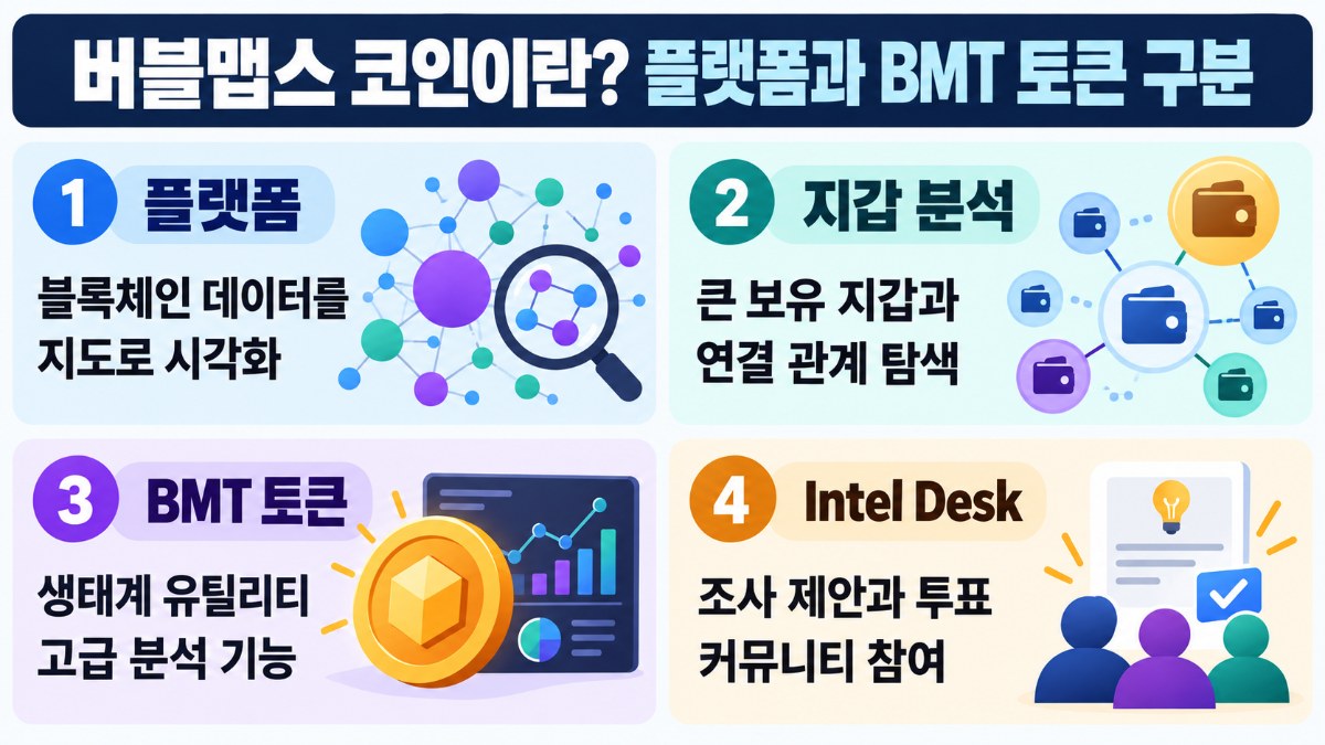 버블맵스 분석 플랫폼과 BMT 토큰 역할 구분: 지갑 분석·고급 기능·Intel Desk 참여
