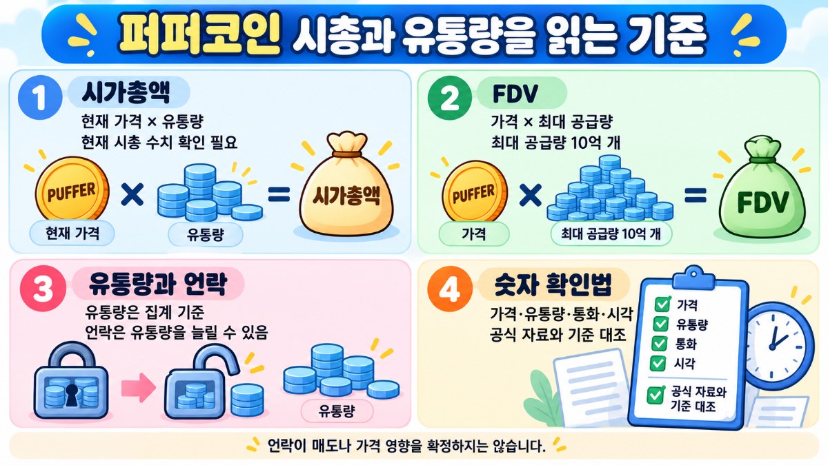 PUFFER 시총과 FDV 계산 비교: 가격·유통량·최대 공급량·언락
